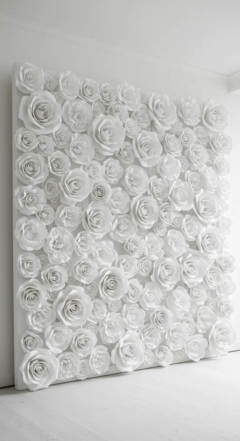 A sculptural wall covered entirely in white paper roses of different sizes.
