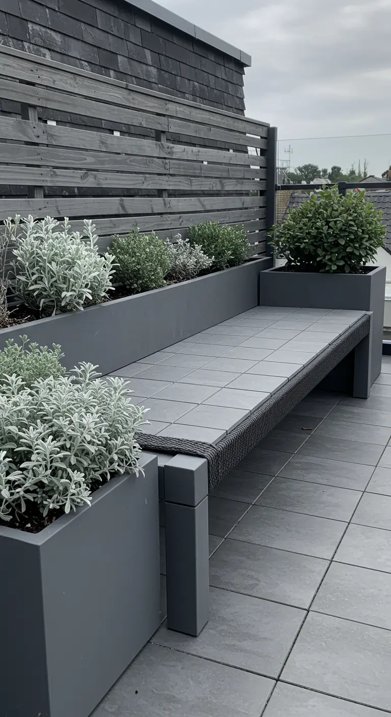 A modern monochrome grey planter bench with silvery foliage on a rooftop terrace.