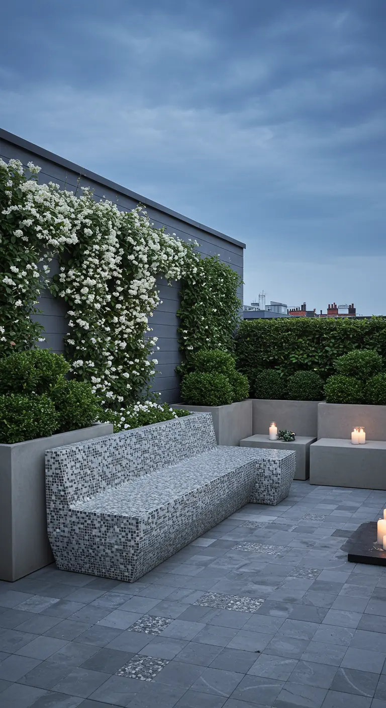 Long gray mosaic bench on a modern terrace with climbing white roses.