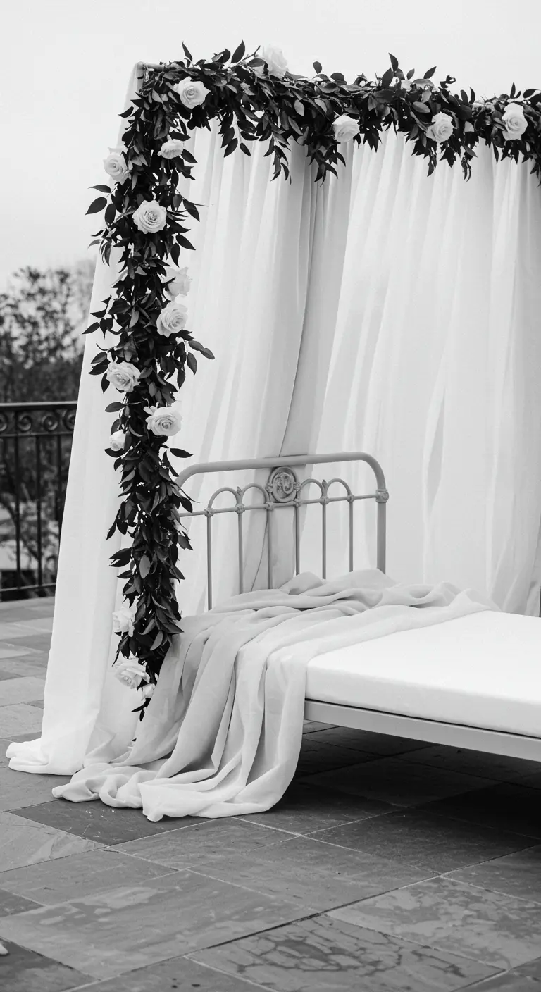 A black-and-white image of a daybed on a terrace with a white rose and dark leaf garland.