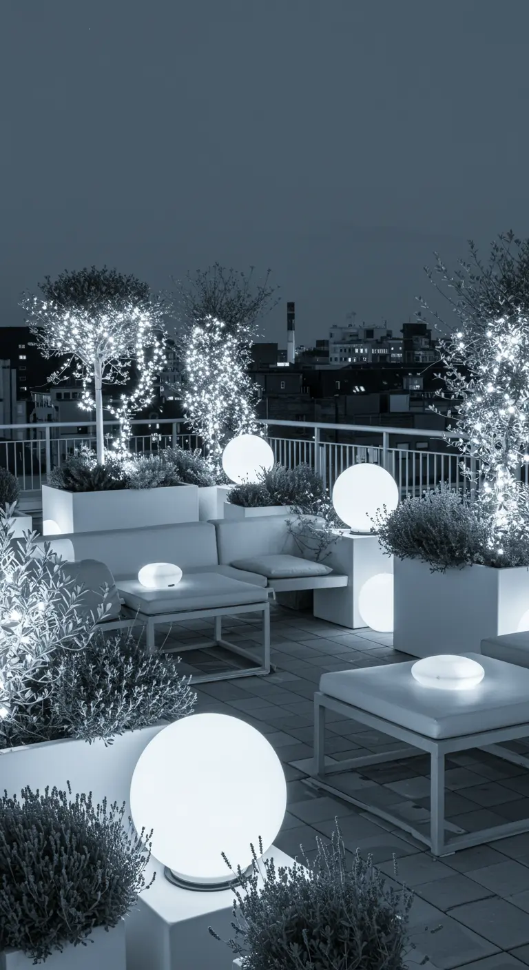 A minimalist rooftop terrace with white furniture, white planters, and cool-white lights on trees.