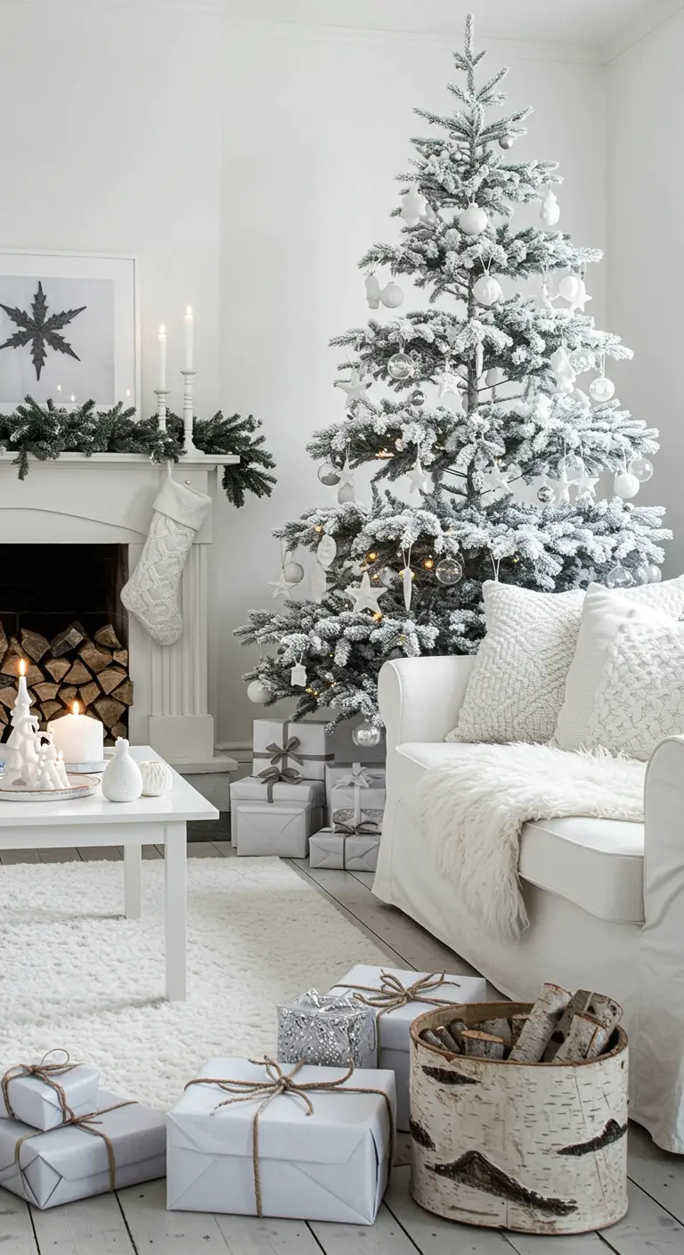 All-white living room with a flocked Christmas tree and a birch-bark log basket.
