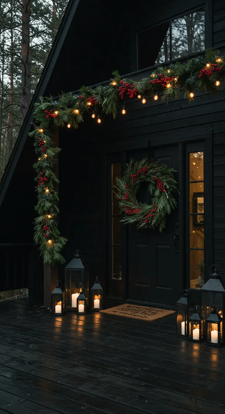 A black A-frame cabin at dusk with a lighted garland, wreath, and a cluster of glowing lanterns.