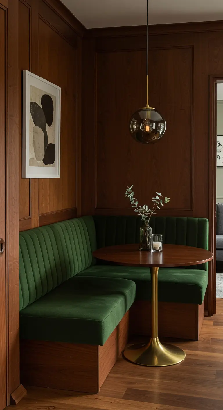 A dining corner with dark wood paneling and a green velvet banquette.