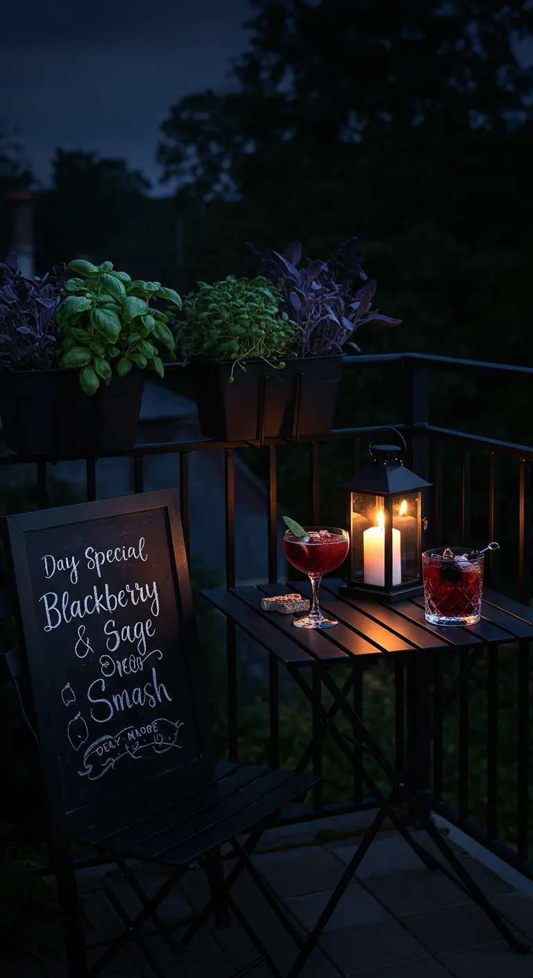 A dark balcony at night with cocktails, lit by a single lantern and surrounded by herbs.