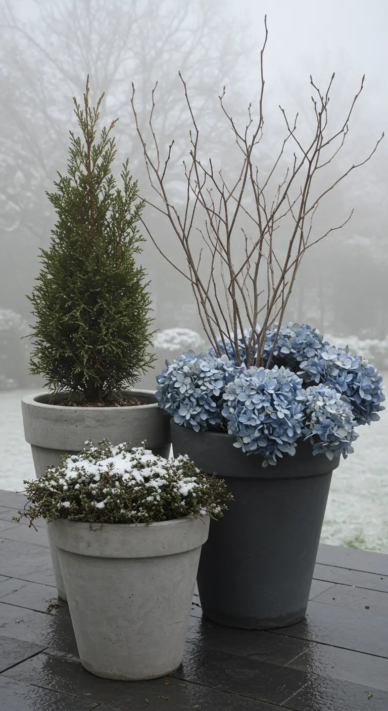 A trio of concrete pots with blue hydrangeas, a small evergreen, and thyme.