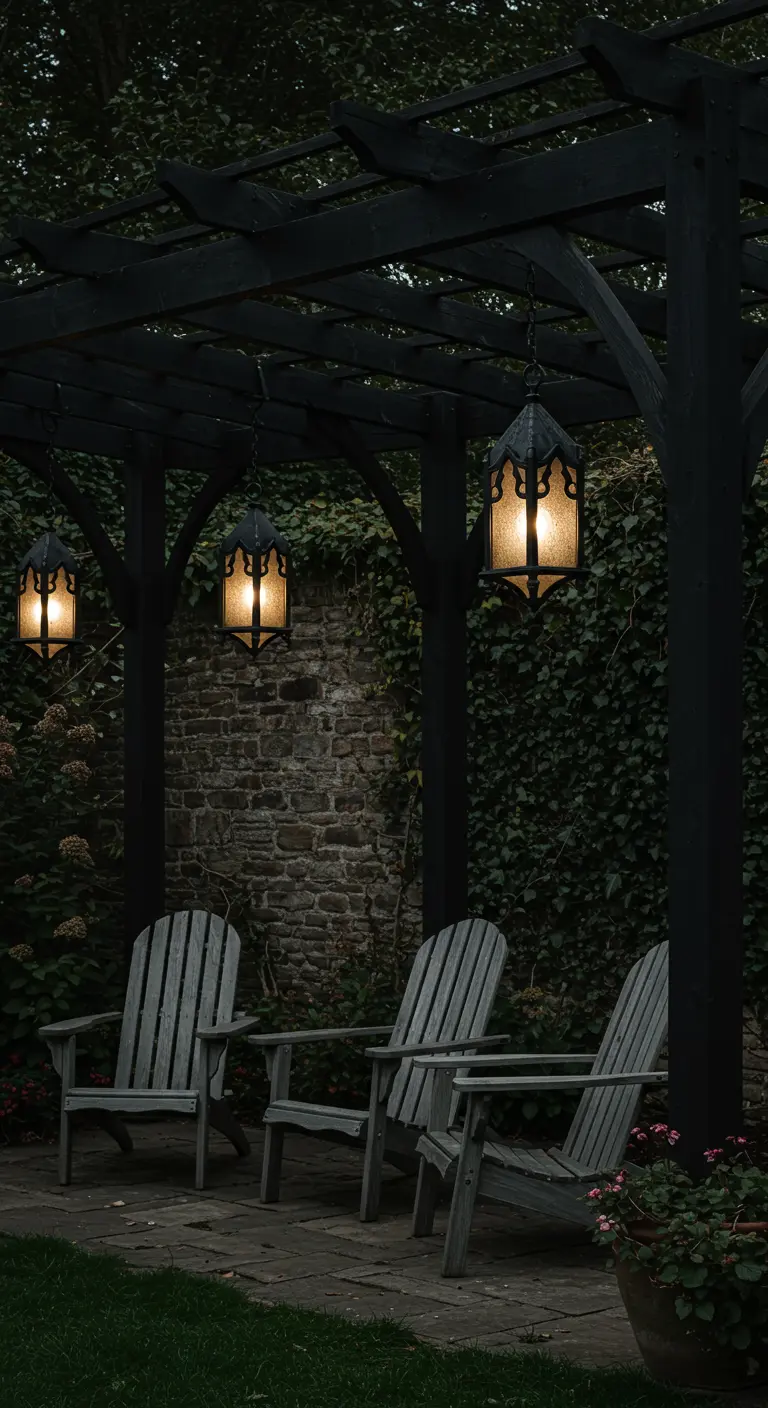 A dark-stained pergola with gothic-style lanterns and weathered chairs in a moody, ivy-covered courtyard.