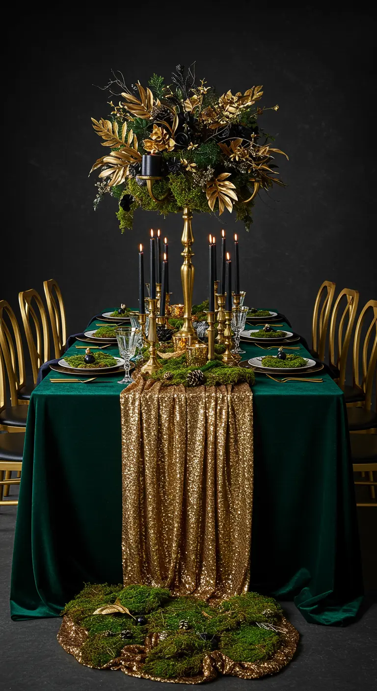 A moody, elegant table with an emerald tablecloth, gold runner, and a gilded leaf centerpiece.