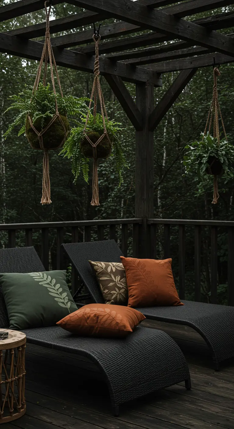 Dark rattan loungers on a wooden deck with earthy pillows and hanging kokedama.