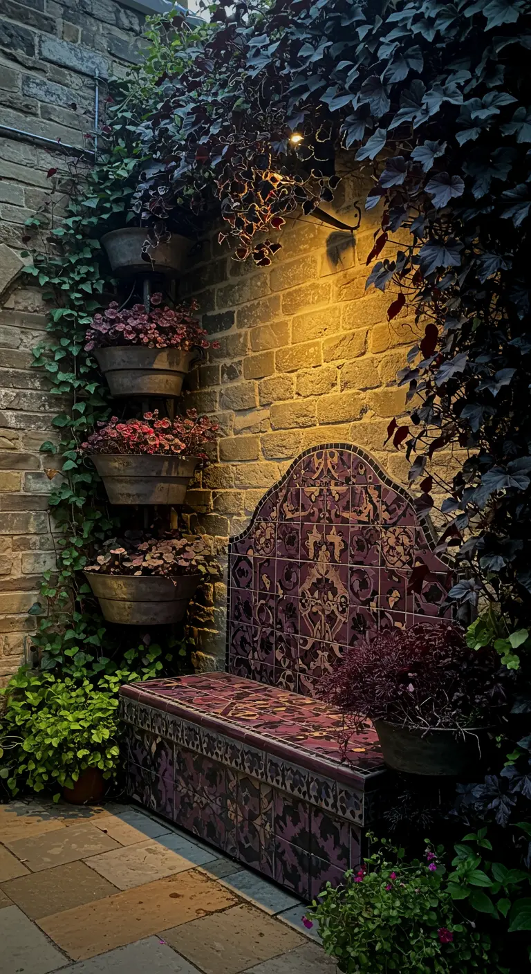Ornate purple and black mosaic bench in a moody, dramatically lit garden corner.