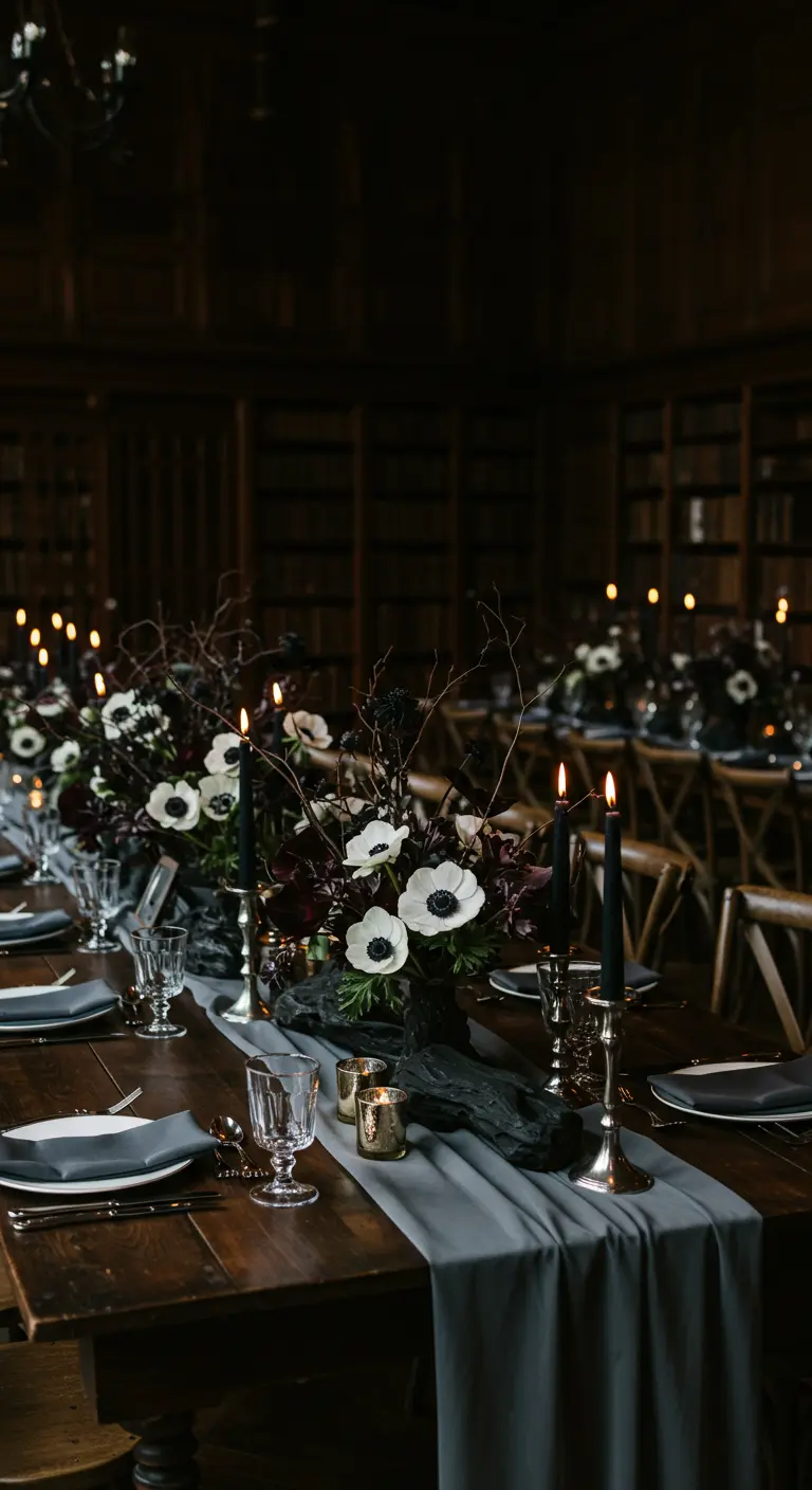 A moody tablescape with dark driftwood, white anemones, and black taper candles.