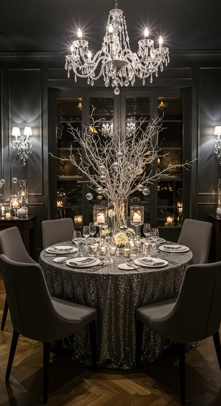 A moody dining room with a silver sequin tablecloth and a white branch centerpiece under a chandelier.