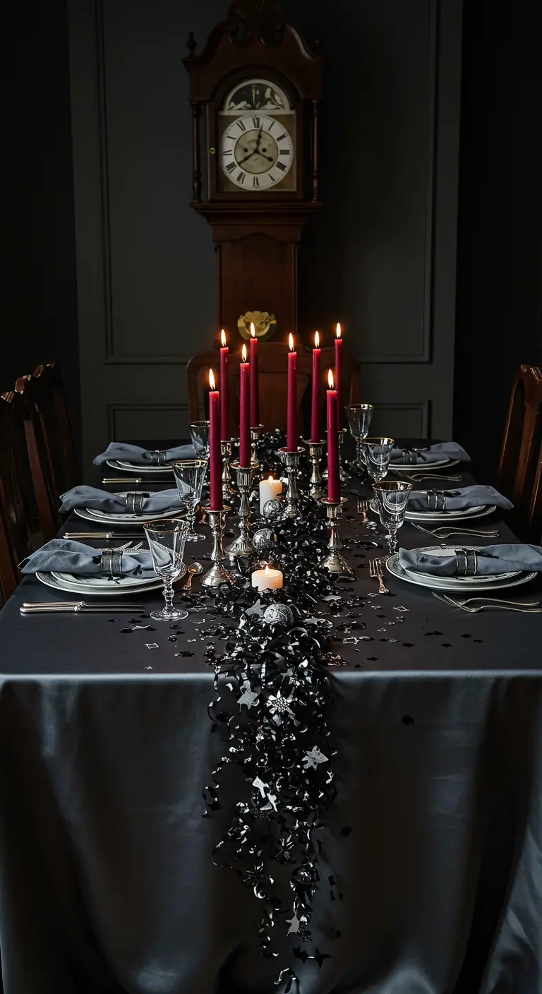 A dramatic NYE table with a black tablecloth, cascading black confetti, and red taper candles.