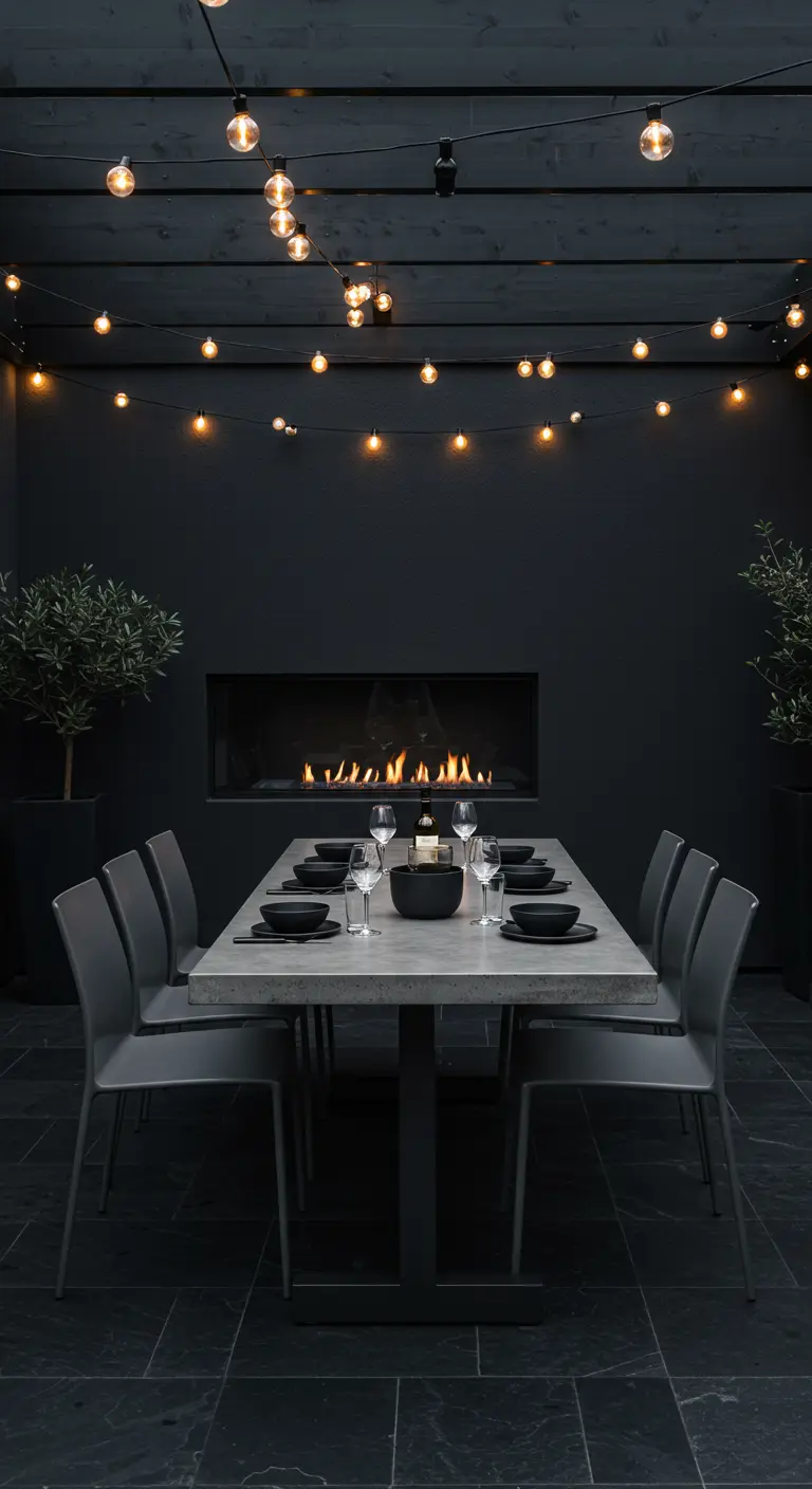 A modern, dark-walled patio with a concrete table, fireplace, and scattered globe lights.