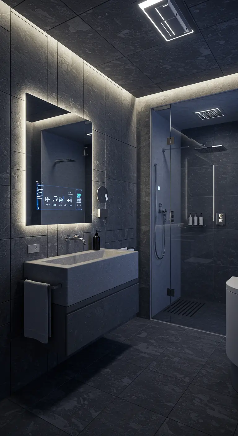 Moody gray tile bathroom with an integrated stone sink and smart mirror.