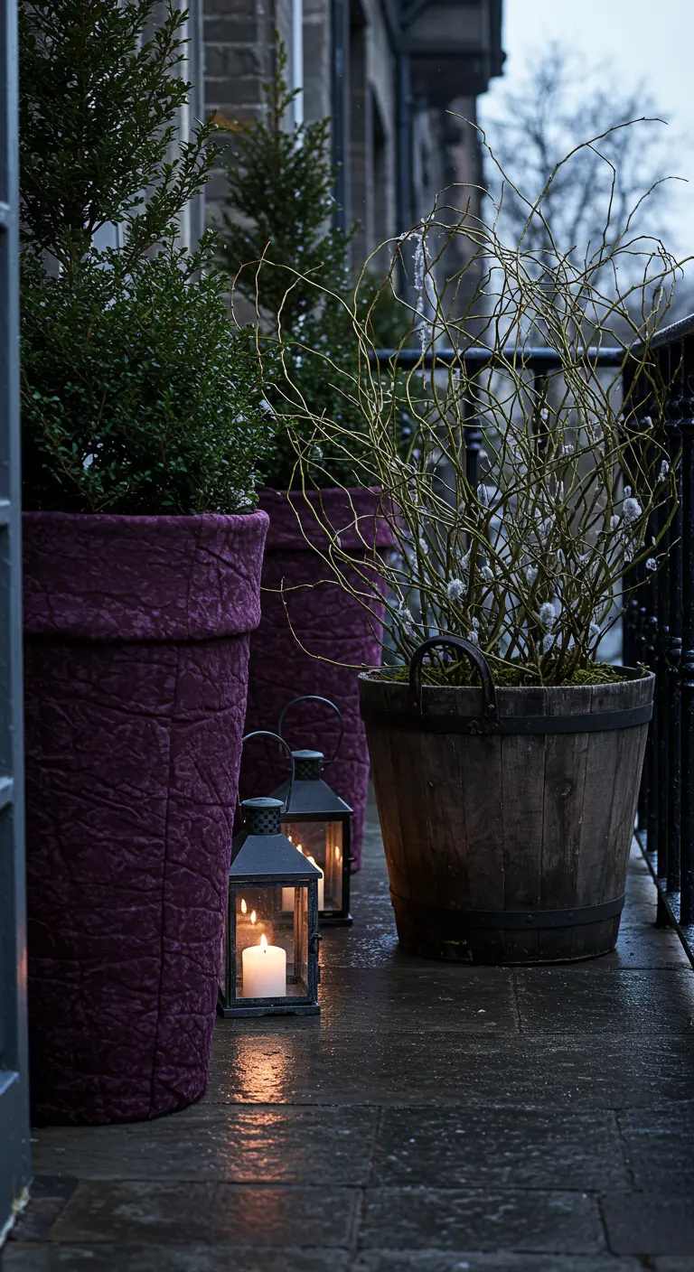 Tall planters wrapped in dark purple velvet next to a wooden barrel with bare branches on a wet balcony.