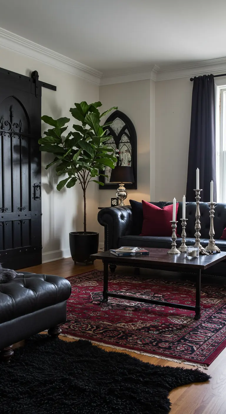 Gothic-inspired living room with a heavy black ornate door and a tufted leather sofa.