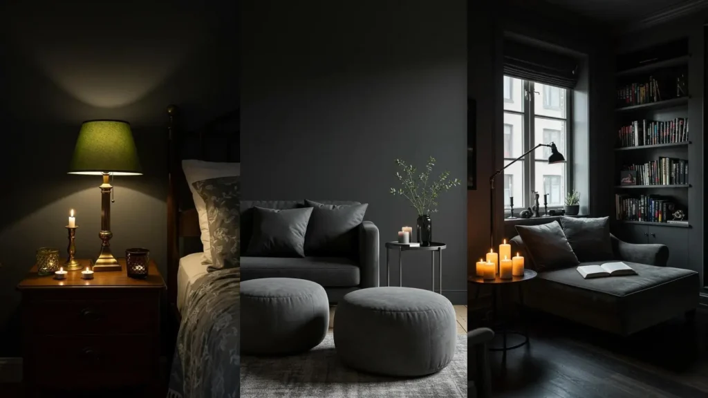 Cozy small spaces featuring charcoal walls, velvet accents, and glowing candlelight for a moody rental vibe.