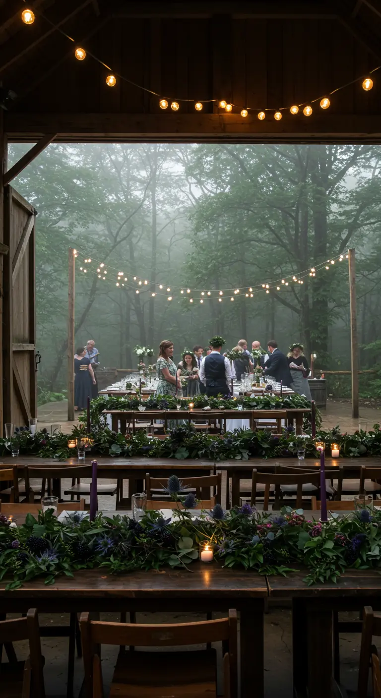 Woodland wedding reception tables with purple thistle garlands and string lights.