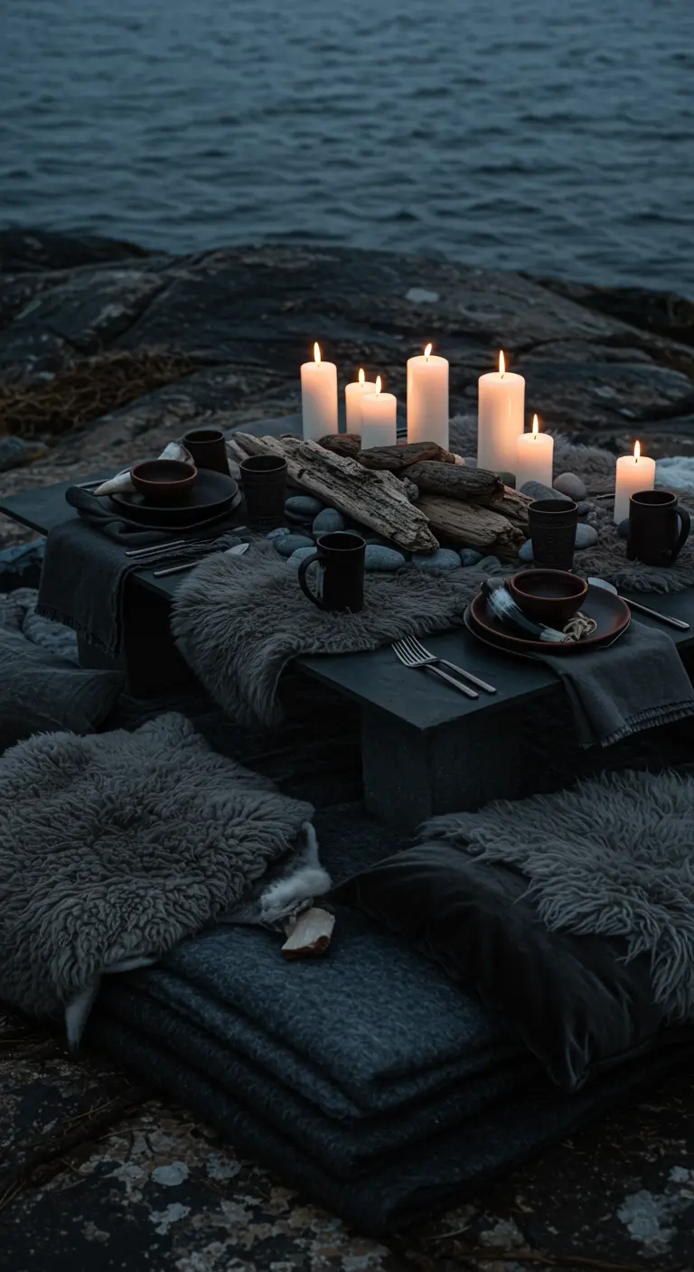 Moody seaside picnic on rocks with black dinnerware, fur throws, and pillar candles.