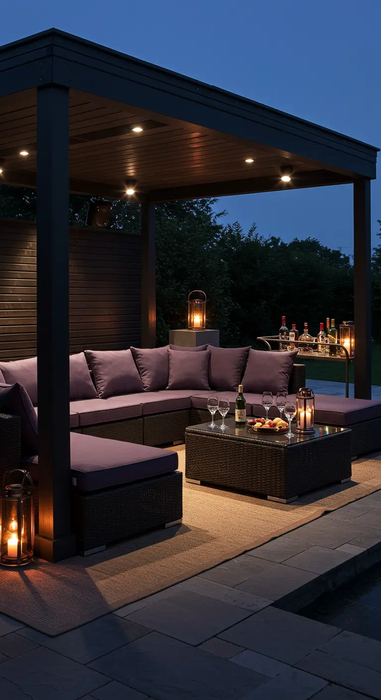 A dark rattan sectional with plum cushions under a dark pergola with spotlights at night.