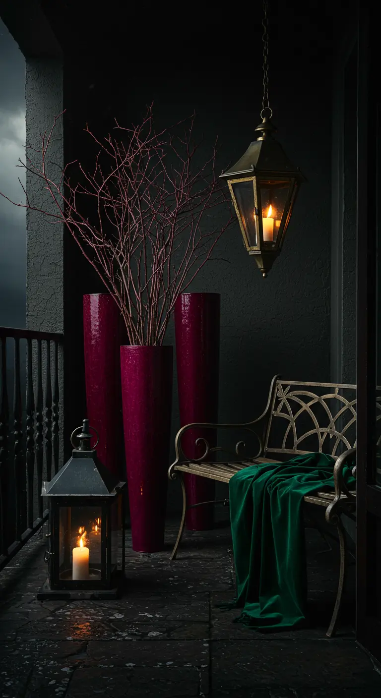 A dramatic dark balcony with tall magenta planters, a metal bench with a green velvet throw, and lanterns.
