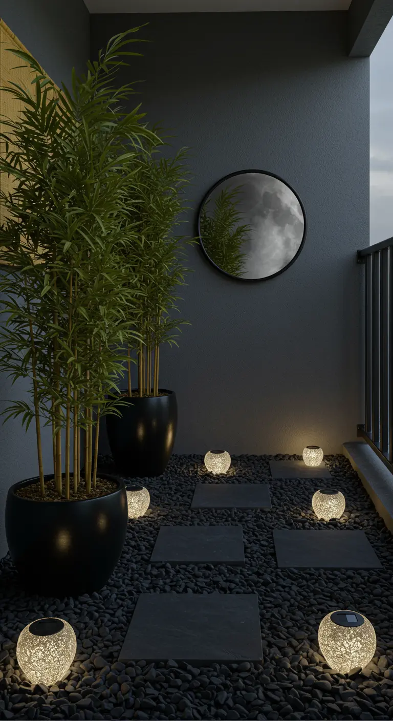A dark, modern balcony with a round mirror, tall bamboo, and glowing solar orbs on gravel.