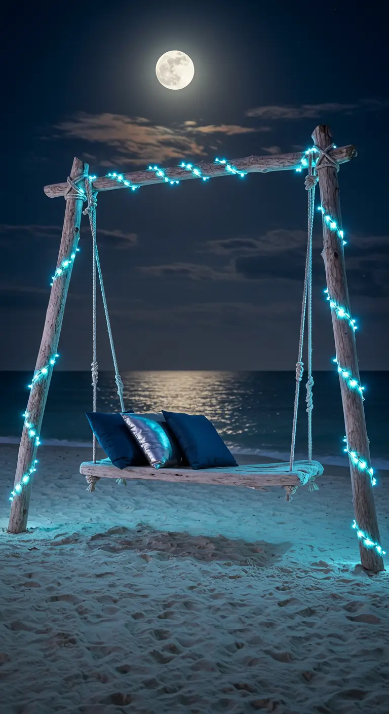 Wooden swing bench adorned with blue fairy lights on a beach under a full moon.