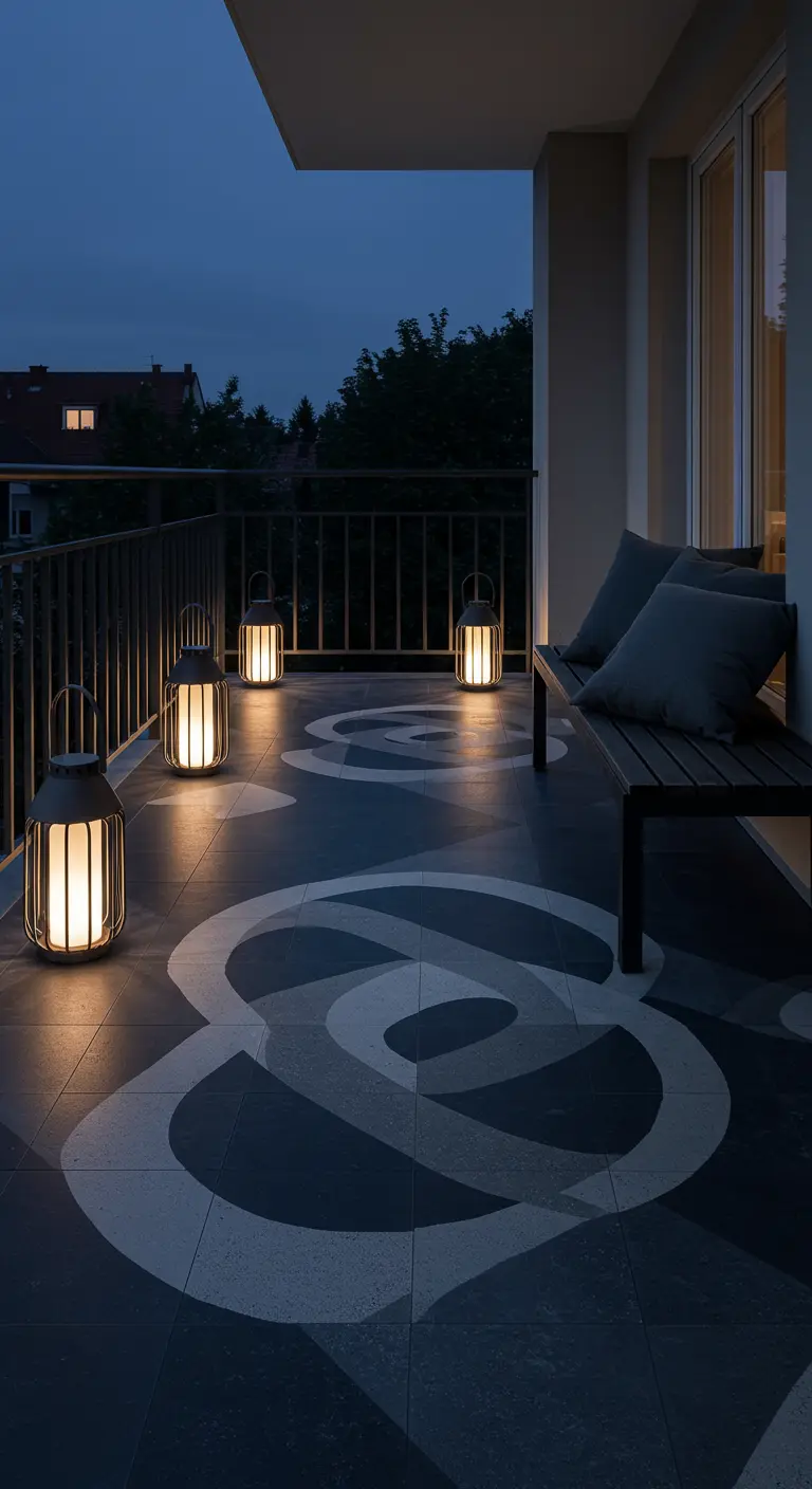 A dark balcony at night with a large, white floral pattern on the floor, illuminated by lanterns.