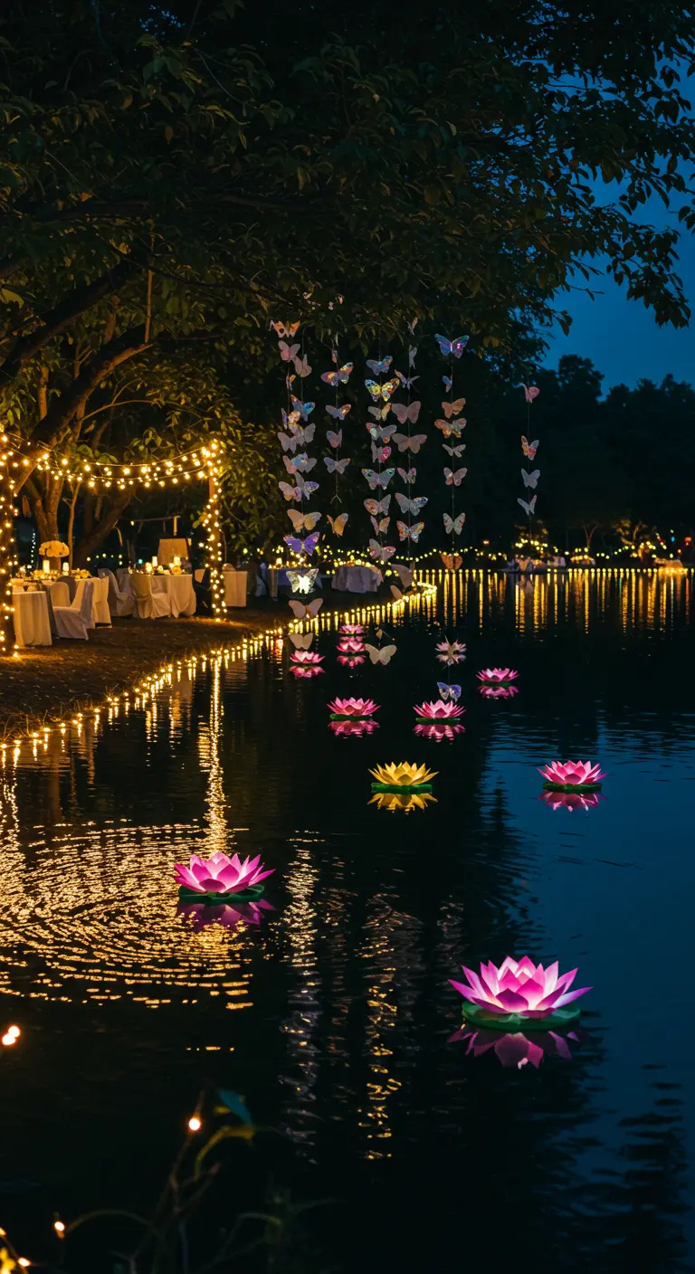 A lake at night with floating illuminated lotus flowers and hanging butterfly garlands.