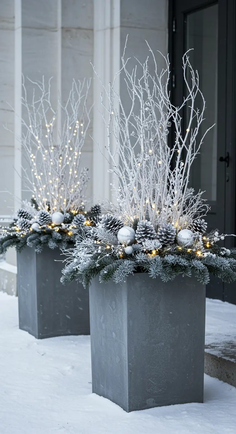 Gray concrete planters with an all-white and silver arrangement of branches and baubles.