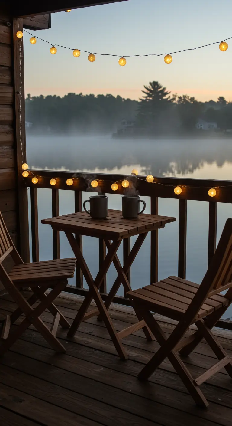 A wooden cabin deck overlooking a misty lake, with a simple bistro set and string lights.