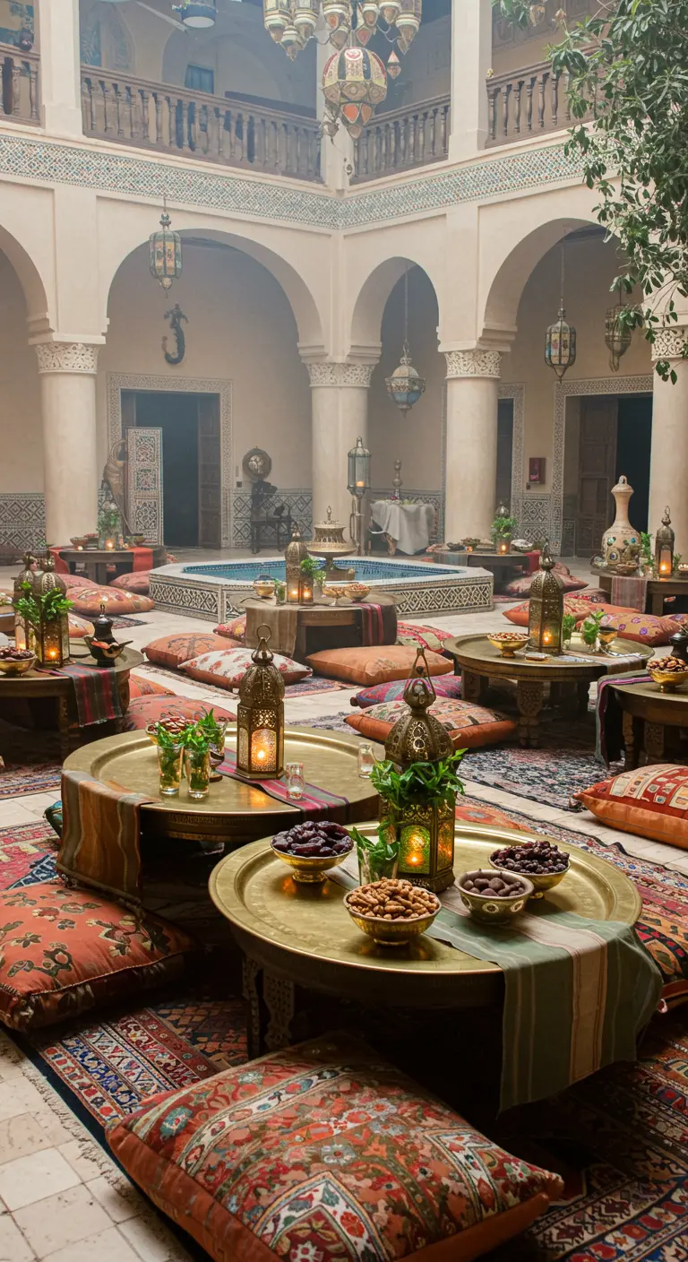 A Moroccan-style lounge with brass tables, lanterns, and floor cushions.