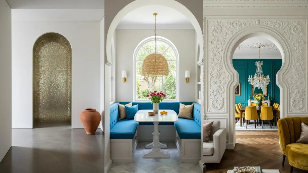 Moroccan-inspired interiors: arched niches, shimmering golden tiles, and vibrant jewel-toned blue and teal rooms.