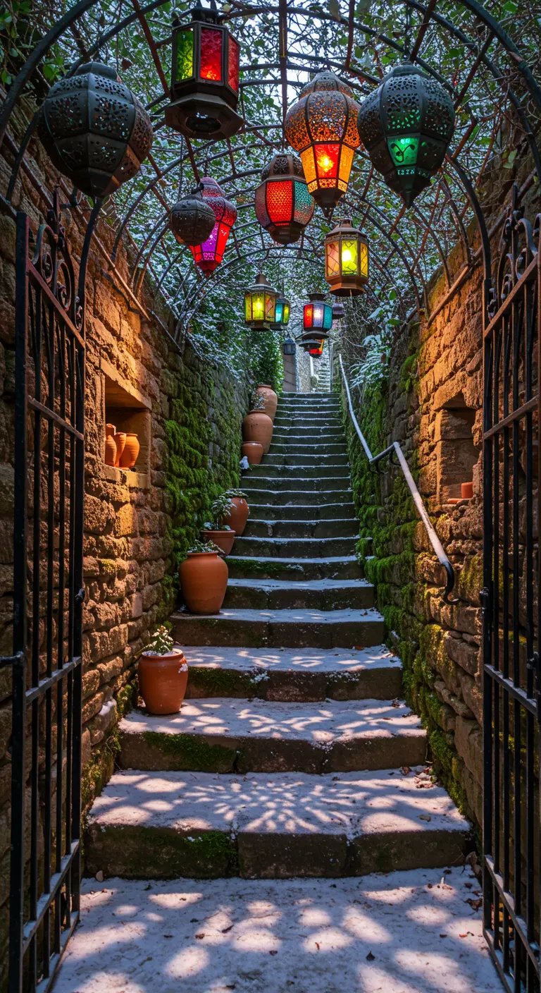 A stone staircase under an archway, adorned with numerous colorful Moroccan lanterns.