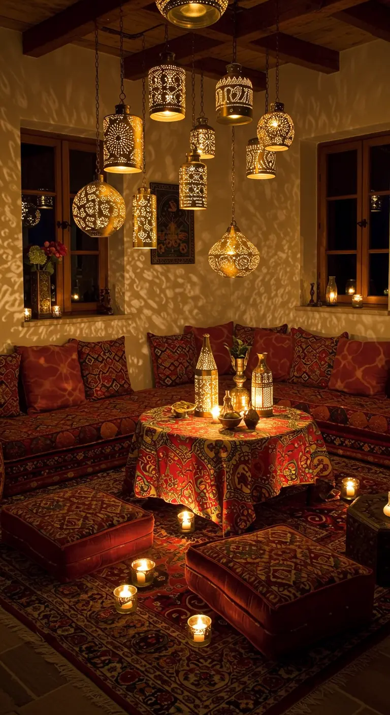 A cozy, candlelit room with Moroccan-style lanterns, patterned fabrics, and floor cushions.
