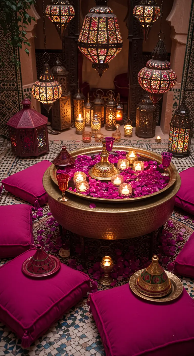 Moroccan-style low table with fuchsia cushions, brass lanterns, and floating petals.