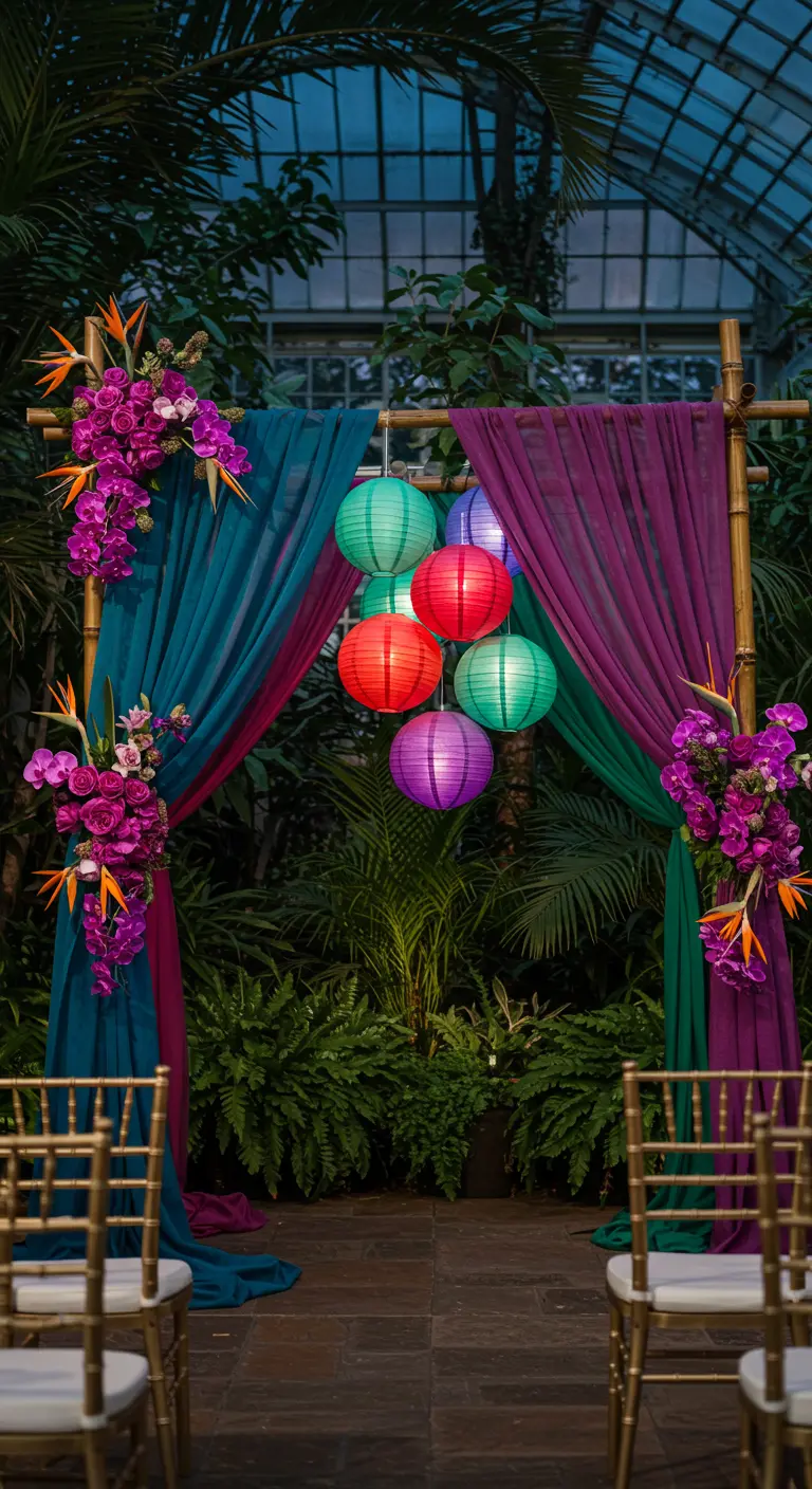 A bamboo wedding arch with jewel-toned drapery and a cluster of colorful paper lanterns.