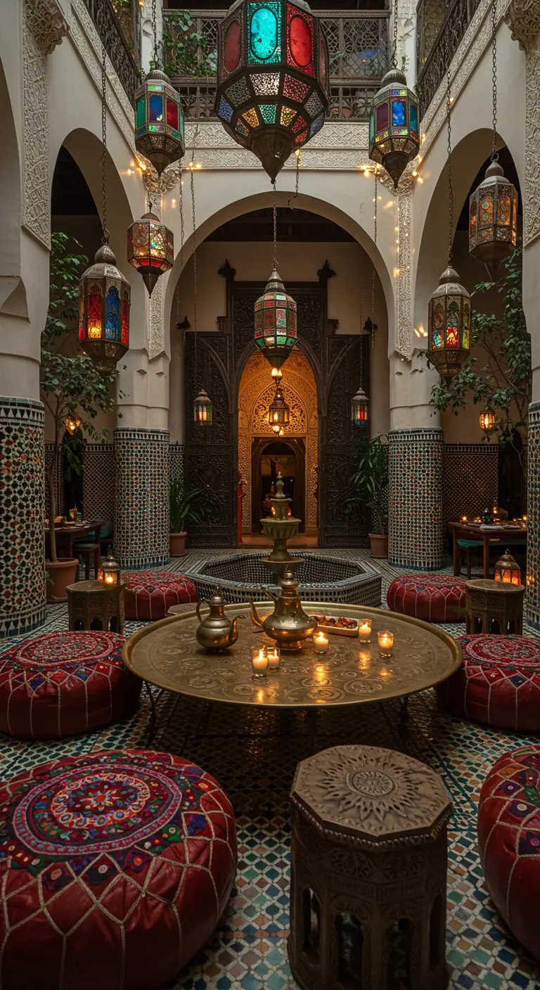 A Moroccan courtyard with mosaic tiles, colorful lanterns, a brass table, and floor poufs.