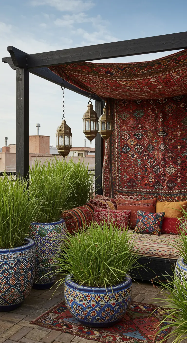 A Moroccan-inspired rooftop with a patterned rug draped over the pergola and colorful pots and pillows.