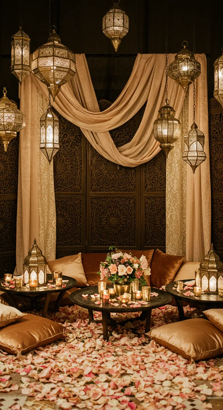 A cozy Moroccan-themed wedding lounge with lanterns, screens, velvet pillows, and rose petals.