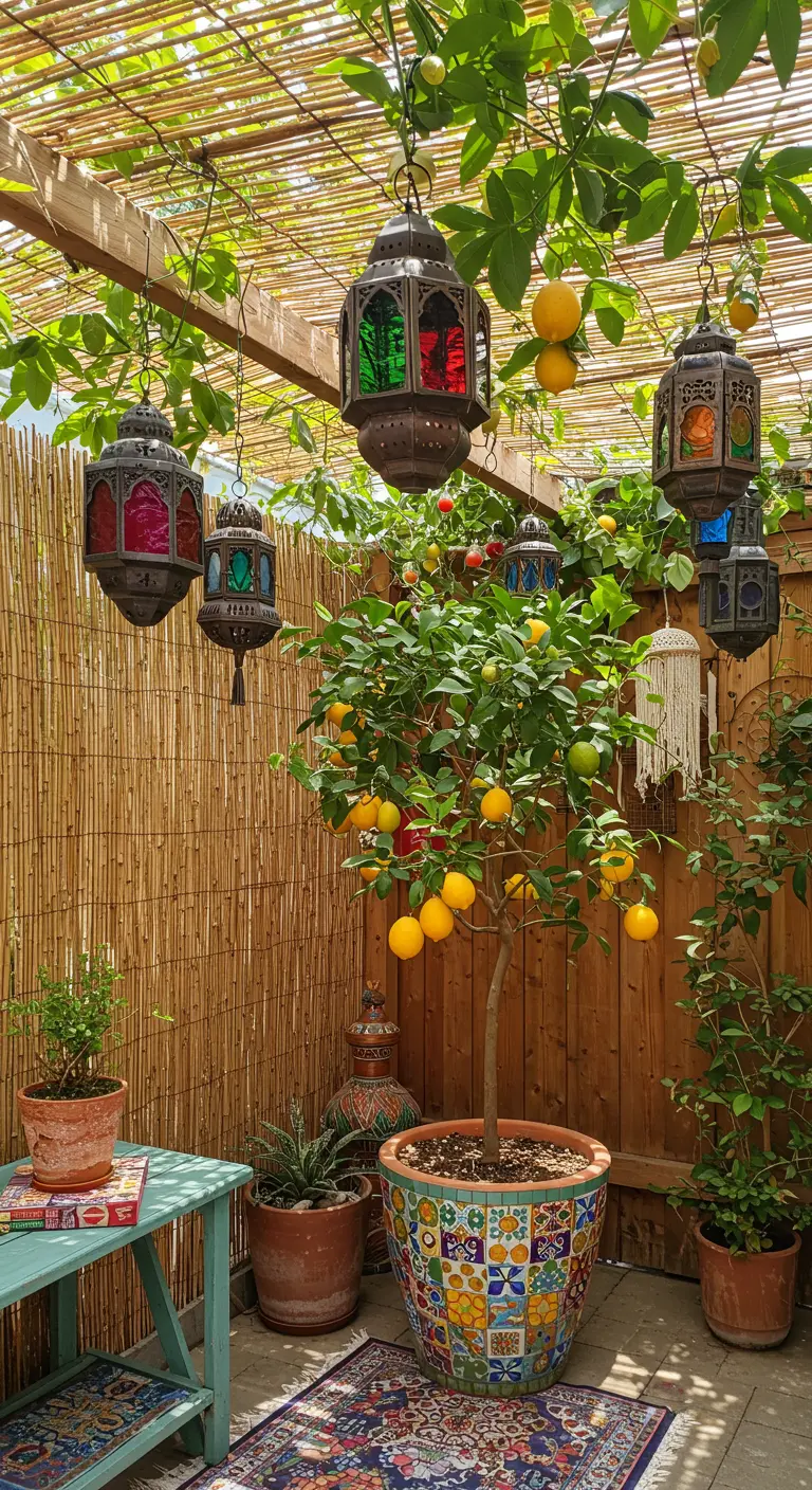 Bohemian patio with a lemon tree in a mosaic pot and colorful Moroccan lanterns hanging overhead.