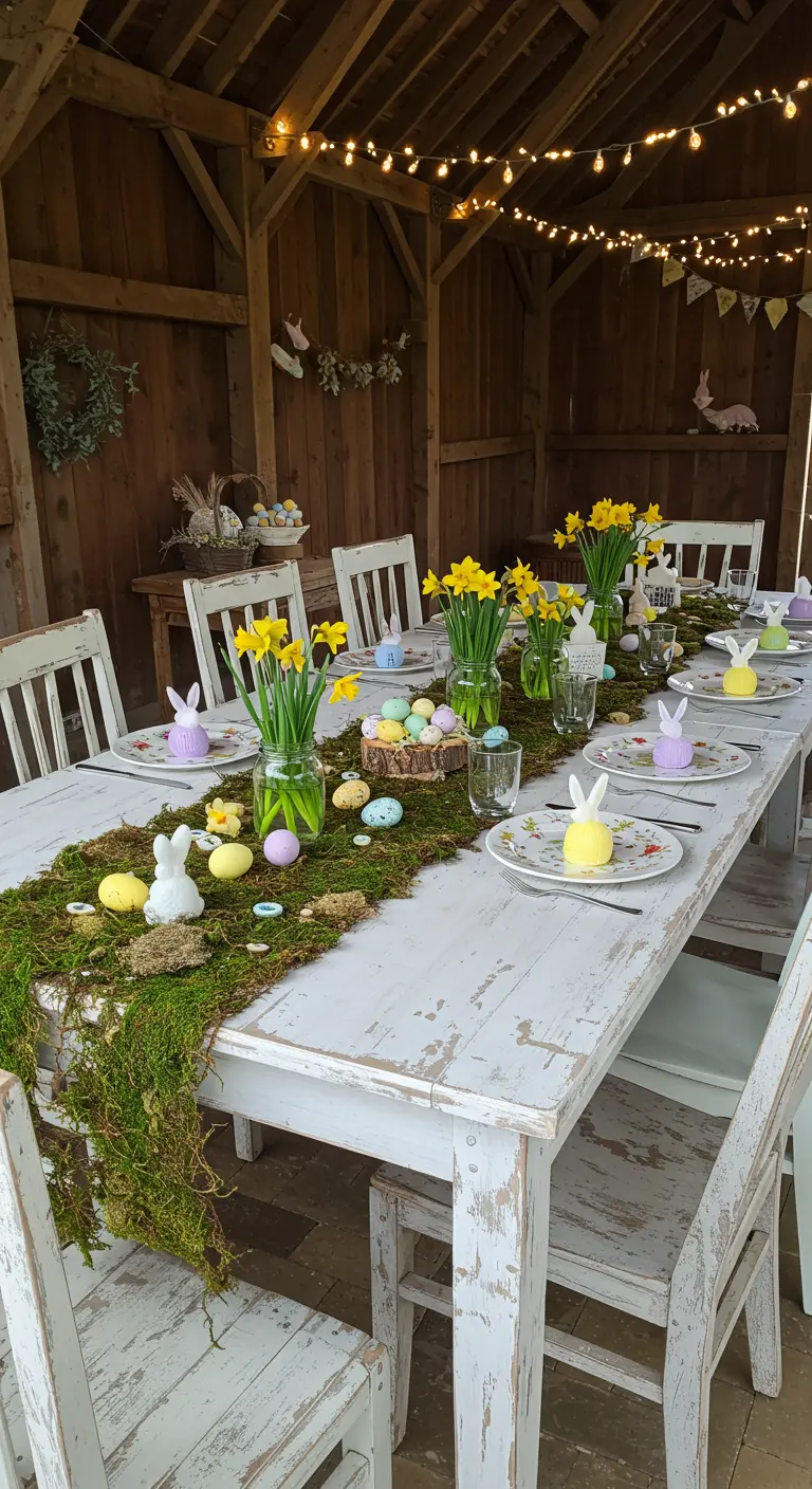 Distressed white table with moss runner, daffodils, and Easter eggs.