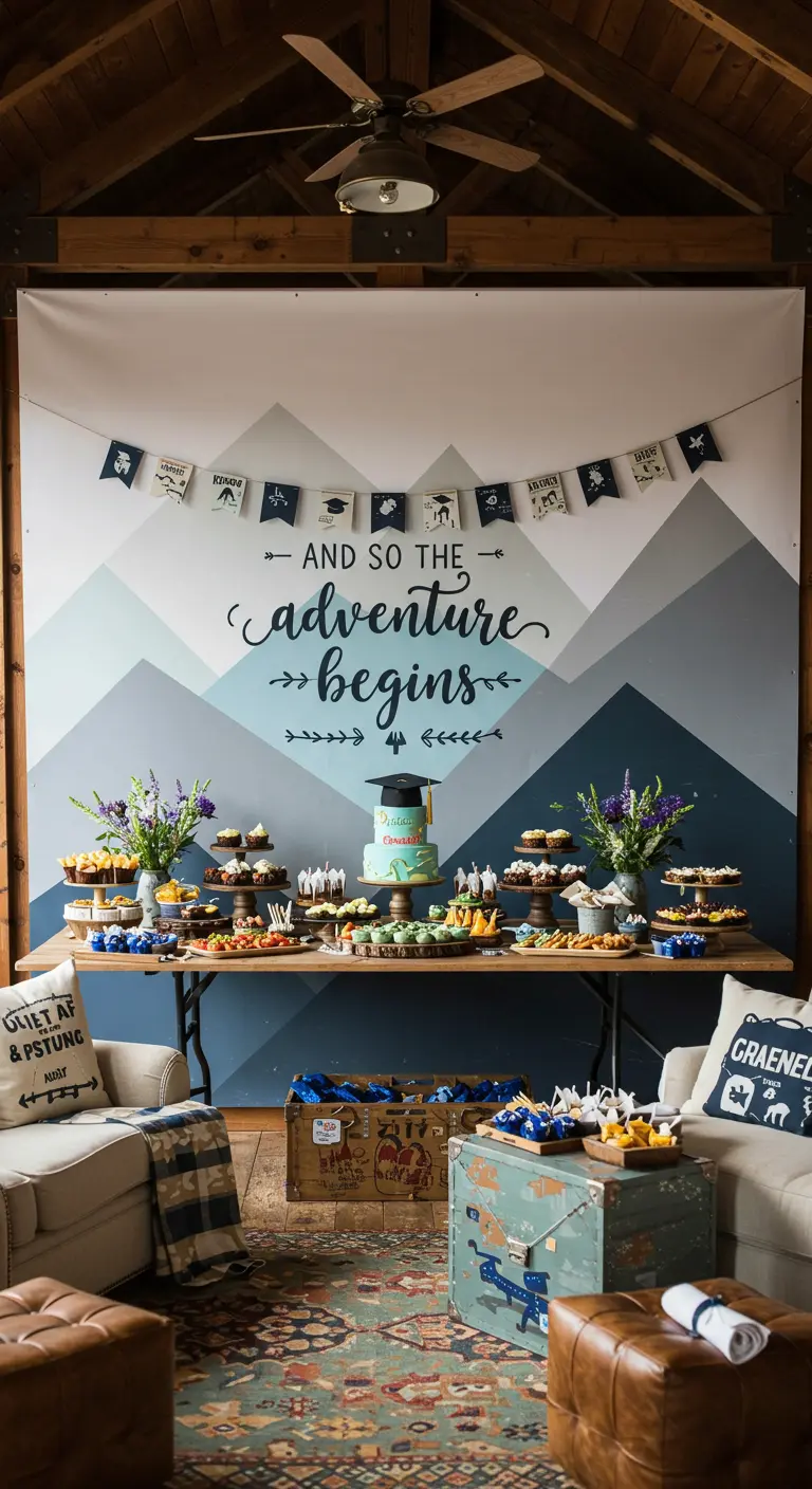 A backdrop with painted mountains and the words 'and so the adventure begins' over a dessert table.