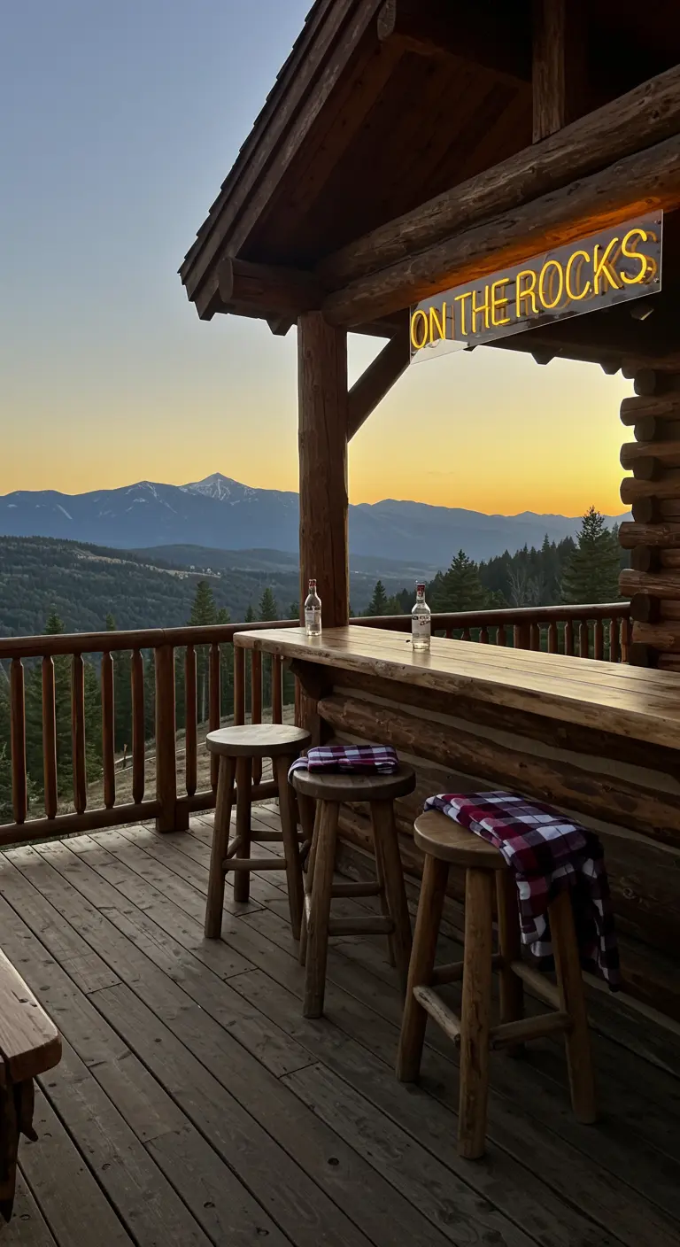 Rustic log cabin bar with an 'ON THE ROCKS' neon sign overlooking mountains.
