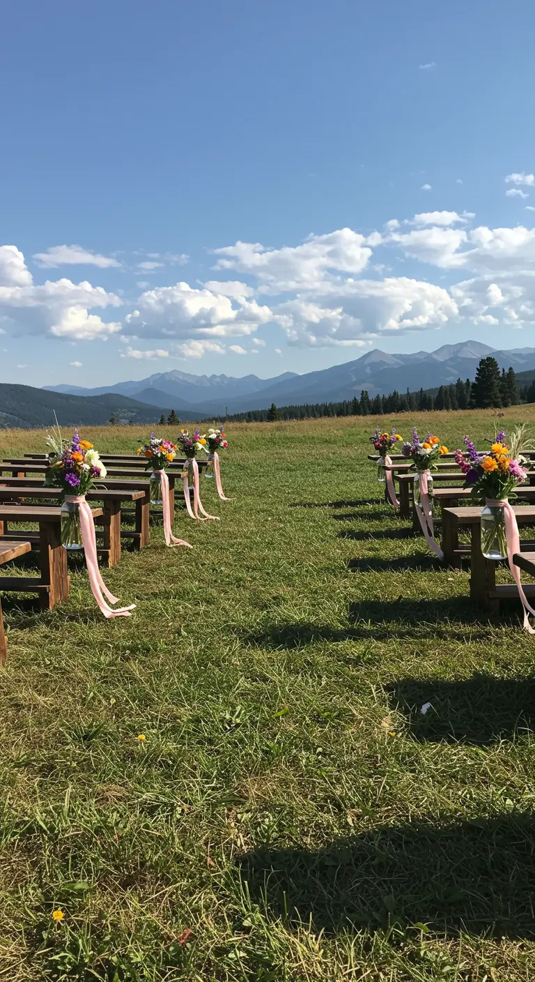 Ceremony aisle in a mountain field with Mason jar flower arrangements tied to benches with pink ribbons.