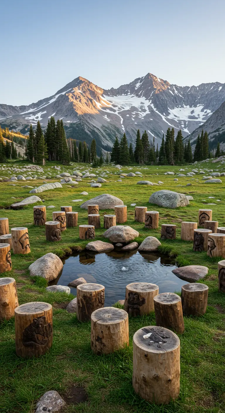 Log stools with carved animal figures circle a small natural pond in a mountain meadow.