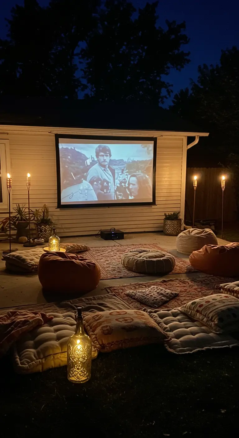 An outdoor movie night setup with a projector screen, cushions, and decorative bottle torches.