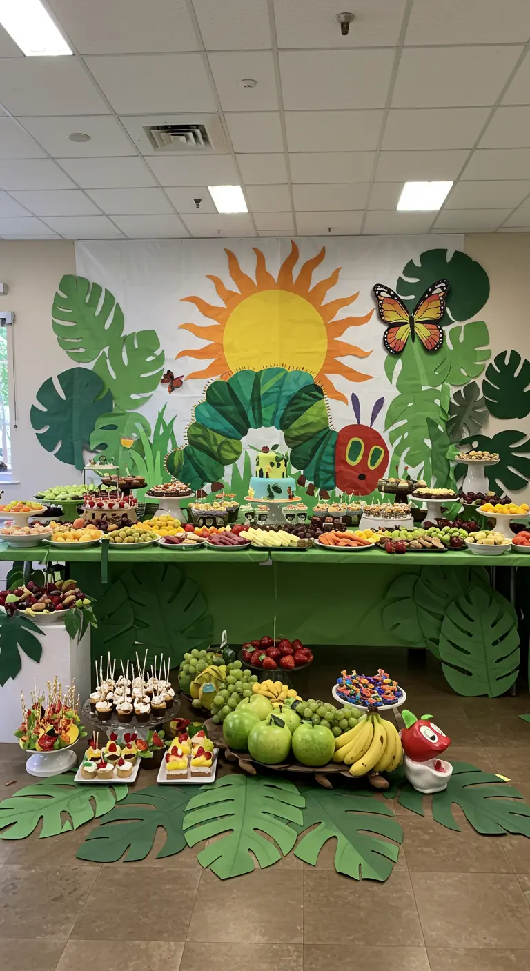 A Very Hungry Caterpillar-themed food table with a large caterpillar backdrop.