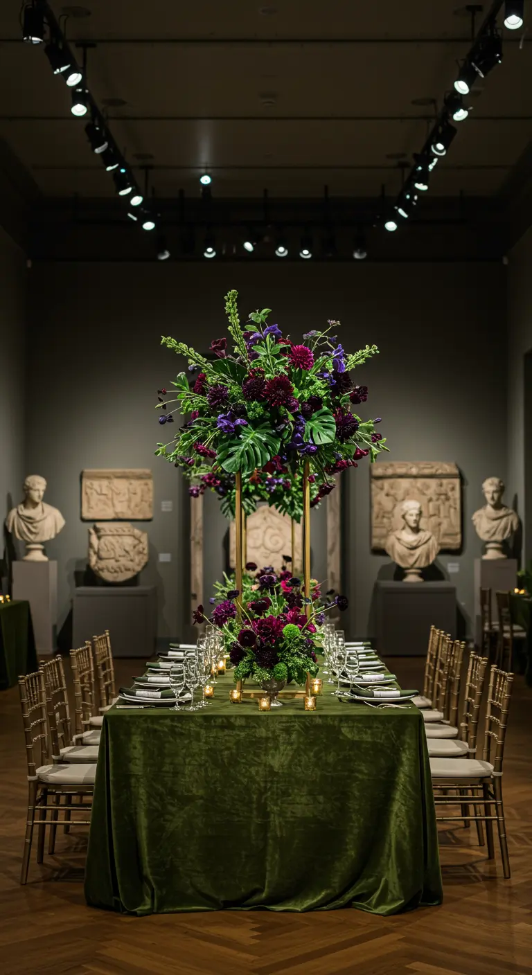 Museum hall with long tables, green velvet tablecloths, and tall, dark floral centerpieces.